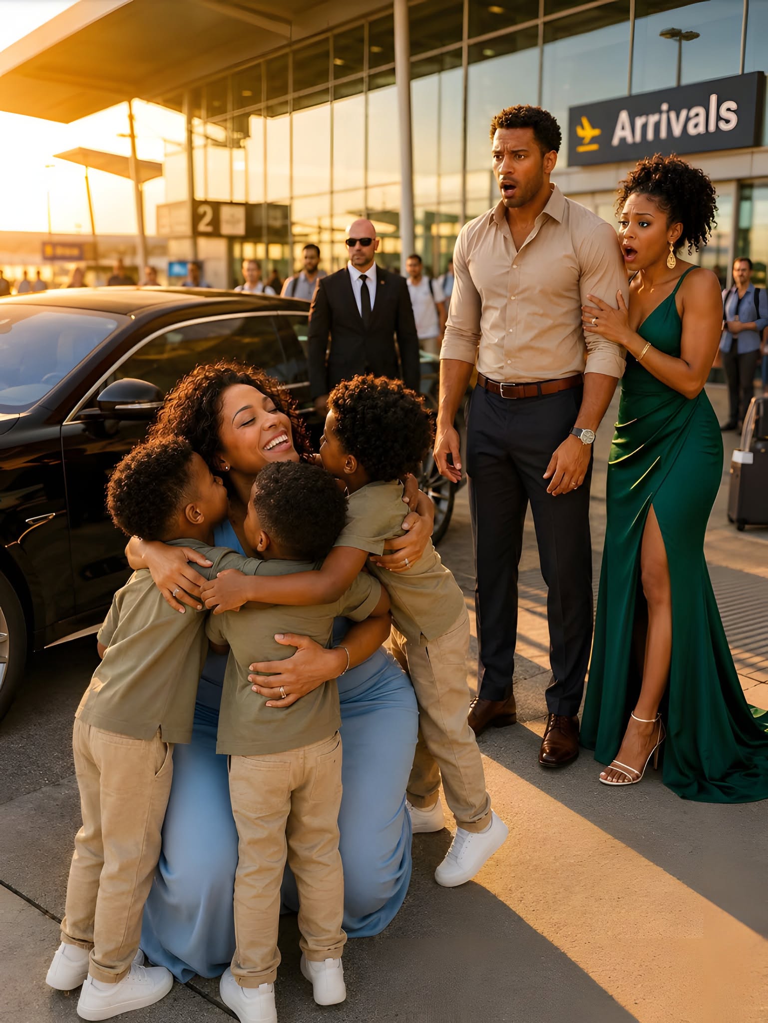 My billionaire ex-husband sat beside me on a flight just to shame me—then three little boys stepped out of a Bentley and ran toward me, calling, “Mom!”