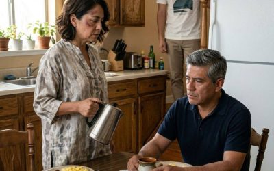 A 23-year-old son str:u:c:k his mother across the face. The next morning, she prepared a full breakfast—but he had no idea who would be waiting for him at the table. The suffocating heat of San Nicolás de los Garza made the nights heavy, but nothing compared to the tension inside Elena’s home. At 54, she had carried the weight of a broken family for far too long. Her son Diego, now 23, had become a threatening presence under her own roof. He was no longer the loving boy who once played soccer in dusty streets. Instead, he had grown into a resentful young man—one who dropped out of college, couldn’t keep a job, and blamed his father’s absence for everything that went wrong in his life. That Tuesday night, Elena returned home exhausted after a long shift at the school library. Her body ached, but her heart hurt even more, watching her paycheck disappear while supporting a son who only demanded more. As soon as she stepped into the kitchen, Diego appeared. He smelled of cheap beer and cigarettes. Without even greeting her, he stretched out his hand and demanded money to continue his night. This time, Elena refused. “No.” It was just one word—but it changed everything. Diego let out a cold, mocking laugh. “No? And who do you think you are now?” he said, stepping closer in a threatening way. Elena’s hands trembled, but she didn’t back down. She reminded him that she paid for the house and would not give him another cent for his drinking. His expression hardened. The last trace of warmth disappeared from his eyes. “Learn your place,” he muttered. In a split second, his hand struck her face. The sound echoed through the kitchen. Elena didn’t fall—but something inside her shattered. For several long seconds, the only sound was the hum of the refrigerator. Diego showed no remorse. He simply shrugged, turned, and walked upstairs, slamming his door behind him. Standing there with her cheek burning and her heart breaking, Elena realized something she had been avoiding for too long— Her home was no longer safe. At 1:20 a.m., she picked up her phone and dialed the one number she hadn’t called in eight years. Roberto—her ex-husband. “He hit me,” she whispered. Silence filled the line. Then Roberto’s voice came back, steady and firm: “I’m on my way.” Elena didn’t sleep that night. At 4:00 a.m., she began cooking. She prepared chilaquiles, beans, eggs with chorizo, and traditional coffee. She brought out the porcelain dishes that had been stored away for years and laid out the embroidered tablecloth reserved for special occasions. This wasn’t a celebration. It was a decision. At 5:45 a.m., Roberto walked through the door, carrying a folder. He saw the perfectly set table, saw Elena’s swollen face—and understood immediately. “This ends today,” Elena said quietly. Roberto nodded. At that exact moment, the stairs creaked. Diego was coming down, still arrogant, still unaware of what was about to happen. He walked into the kitchen, yawning, wearing a wrinkled shirt and the same defiant attitude as the night before. Seeing the table, he smirked—assuming his mother had given in again. “Well, looks like you finally figured things out,” he said, grabbing a tortilla casually. But Elena didn’t react. She calmly poured a cup of coffee in front of the occupied chair. That’s when Diego looked up— and everything changed. Sitting at the table was Roberto. Watching him. Silently. Coldly. “What is he doing here?” Diego demanded, his voice suddenly sharp, realizing the situation was slipping out of his control. “Sit down,” Roberto said. His voice wasn’t loud—but it carried undeniable authority. “I asked what he’s doing in my house!” “And I told you to sit down.” Diego looked at his mother, expecting her to intervene like always. But the woman standing there was no longer the same. “Sit down, Diego,” Elena said—her voice steady, firm, and final. And for the first time… He understood that something had changed.