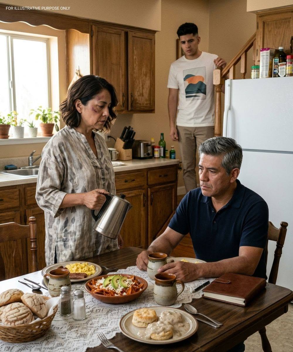 A 23-year-old son str:u:c:k his mother across the face. The next morning, she prepared a full breakfast—but he had no idea who would be waiting for him at the table. The suffocating heat of San Nicolás de los Garza made the nights heavy, but nothing compared to the tension inside Elena’s home. At 54, she had carried the weight of a broken family for far too long. Her son Diego, now 23, had become a threatening presence under her own roof. He was no longer the loving boy who once played soccer in dusty streets. Instead, he had grown into a resentful young man—one who dropped out of college, couldn’t keep a job, and blamed his father’s absence for everything that went wrong in his life. That Tuesday night, Elena returned home exhausted after a long shift at the school library. Her body ached, but her heart hurt even more, watching her paycheck disappear while supporting a son who only demanded more. As soon as she stepped into the kitchen, Diego appeared. He smelled of cheap beer and cigarettes. Without even greeting her, he stretched out his hand and demanded money to continue his night. This time, Elena refused. “No.” It was just one word—but it changed everything. Diego let out a cold, mocking laugh. “No? And who do you think you are now?” he said, stepping closer in a threatening way. Elena’s hands trembled, but she didn’t back down. She reminded him that she paid for the house and would not give him another cent for his drinking. His expression hardened. The last trace of warmth disappeared from his eyes. “Learn your place,” he muttered. In a split second, his hand struck her face. The sound echoed through the kitchen. Elena didn’t fall—but something inside her shattered. For several long seconds, the only sound was the hum of the refrigerator. Diego showed no remorse. He simply shrugged, turned, and walked upstairs, slamming his door behind him. Standing there with her cheek burning and her heart breaking, Elena realized something she had been avoiding for too long— Her home was no longer safe. At 1:20 a.m., she picked up her phone and dialed the one number she hadn’t called in eight years. Roberto—her ex-husband. “He hit me,” she whispered. Silence filled the line. Then Roberto’s voice came back, steady and firm: “I’m on my way.” Elena didn’t sleep that night. At 4:00 a.m., she began cooking. She prepared chilaquiles, beans, eggs with chorizo, and traditional coffee. She brought out the porcelain dishes that had been stored away for years and laid out the embroidered tablecloth reserved for special occasions. This wasn’t a celebration. It was a decision. At 5:45 a.m., Roberto walked through the door, carrying a folder. He saw the perfectly set table, saw Elena’s swollen face—and understood immediately. “This ends today,” Elena said quietly. Roberto nodded. At that exact moment, the stairs creaked. Diego was coming down, still arrogant, still unaware of what was about to happen. He walked into the kitchen, yawning, wearing a wrinkled shirt and the same defiant attitude as the night before. Seeing the table, he smirked—assuming his mother had given in again. “Well, looks like you finally figured things out,” he said, grabbing a tortilla casually. But Elena didn’t react. She calmly poured a cup of coffee in front of the occupied chair. That’s when Diego looked up— and everything changed. Sitting at the table was Roberto. Watching him. Silently. Coldly. “What is he doing here?” Diego demanded, his voice suddenly sharp, realizing the situation was slipping out of his control. “Sit down,” Roberto said. His voice wasn’t loud—but it carried undeniable authority. “I asked what he’s doing in my house!” “And I told you to sit down.” Diego looked at his mother, expecting her to intervene like always. But the woman standing there was no longer the same. “Sit down, Diego,” Elena said—her voice steady, firm, and final. And for the first time… He understood that something had changed.